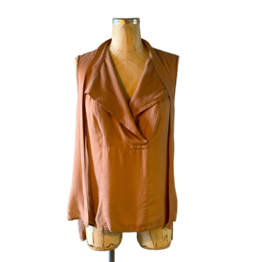 BCBGMAXAZRIA Womens Bronze Sleeveless Top with Necktie Details Size Small